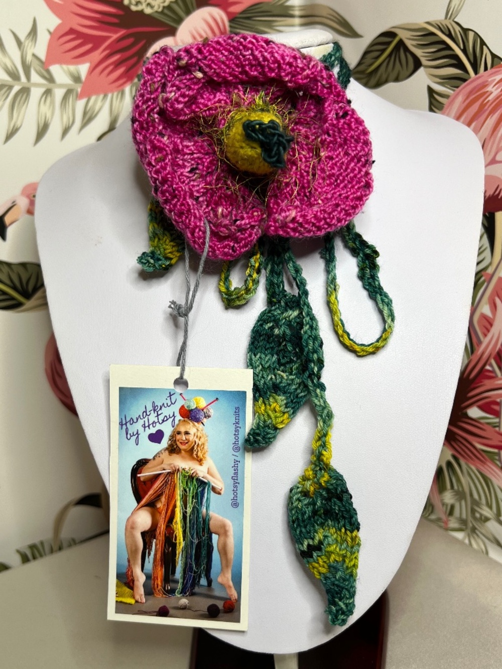 Hand Knit Flower Lariat Necklaces